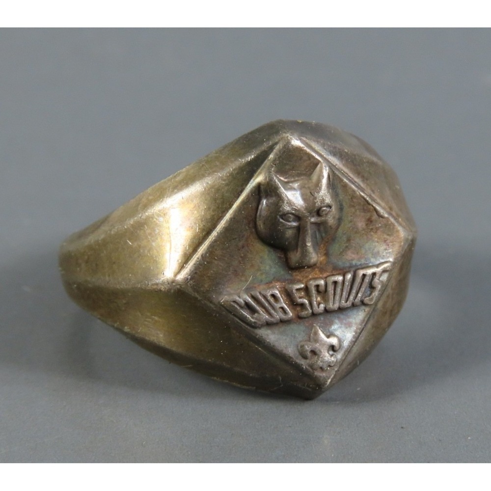 Vintage STERLING SILVER Cub Scouts Signet Ring BSA Boy Scouts Dark Patina Sz 4